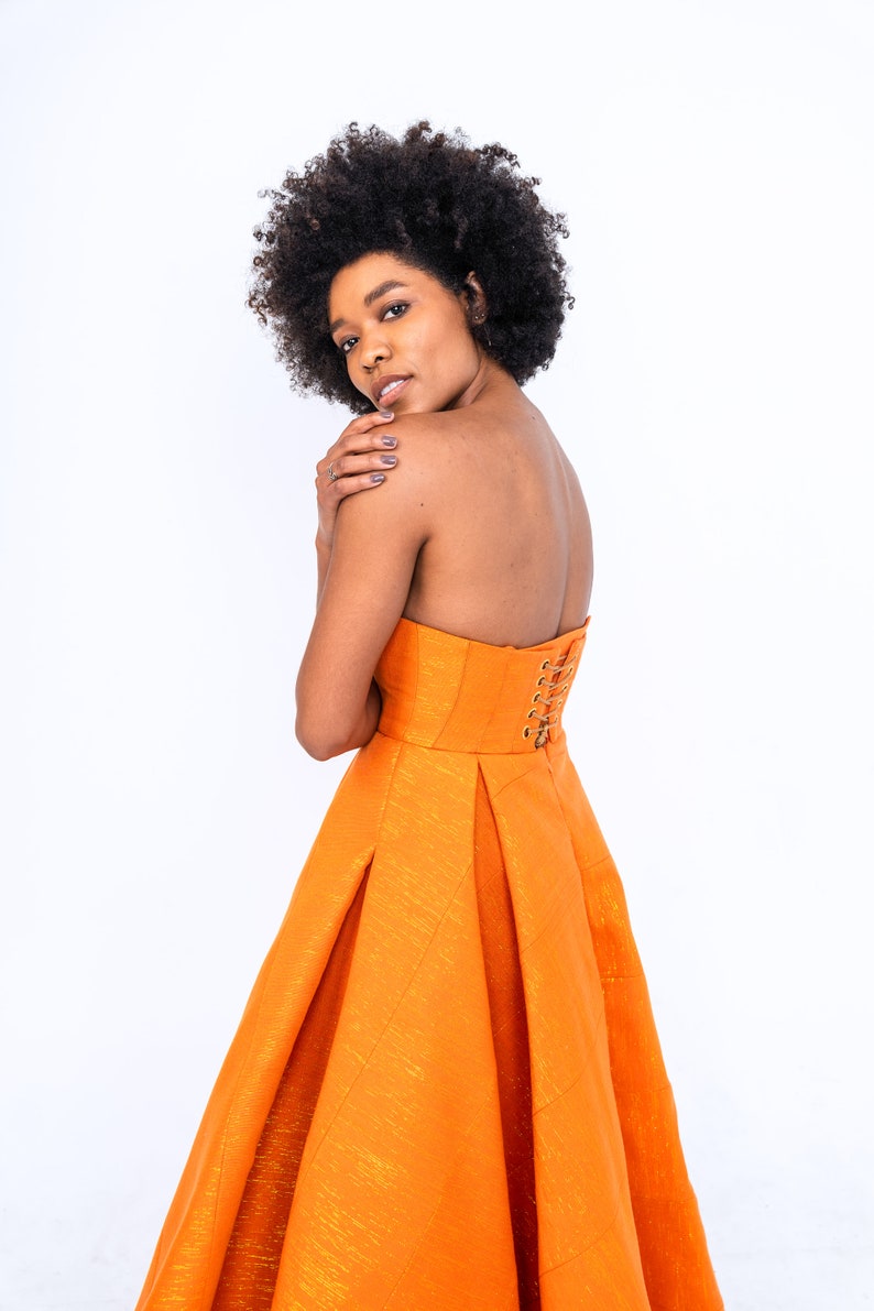 Orange Custom Made Vintage Inspired Strapless Corseted Kente Midi Gown image 1