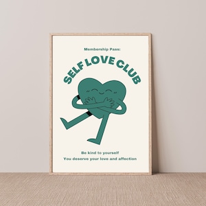 Self Love Club Wall Art, Green Retro Quote Wall Print, Self Care Wall Art, Typographic Print, Aesthetic, Digital Download Print, Wall Decor