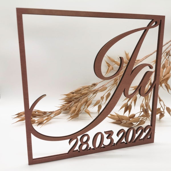 Schriftzug aus Holz, "JA" mit Datum, Hochzeit, Geschenk zur Hochzeit, Deko, 3D