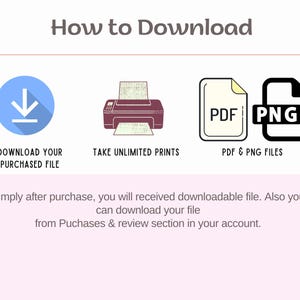Puede incluir: Infograf&iacute;a "C&oacute;mo descargar" con un c&iacute;rculo azul y una flecha hacia abajo, una impresora granate e iconos de archivos PDF y PNG. El texto incluye "Descargue su archivo comprado", "Tome impresiones ilimitadas" y "Archivos PDF y PNG".