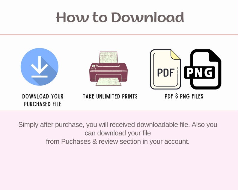 Puede incluir: Infograf&iacute;a "C&oacute;mo descargar" con un c&iacute;rculo azul y una flecha hacia abajo, una impresora granate e iconos de archivos PDF y PNG. El texto incluye "Descargue su archivo comprado", "Tome impresiones ilimitadas" y "Archivos PDF y PNG".