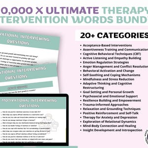 Puede incluir: Un paquete de recursos de terapia con el t&iacute;tulo "10,000 X ULTIMATE THERAPY INTERVENTION WORDS BUNDLE". La imagen incluye una computadora port&aacute;til y documentos con preguntas de entrevista motivacional.