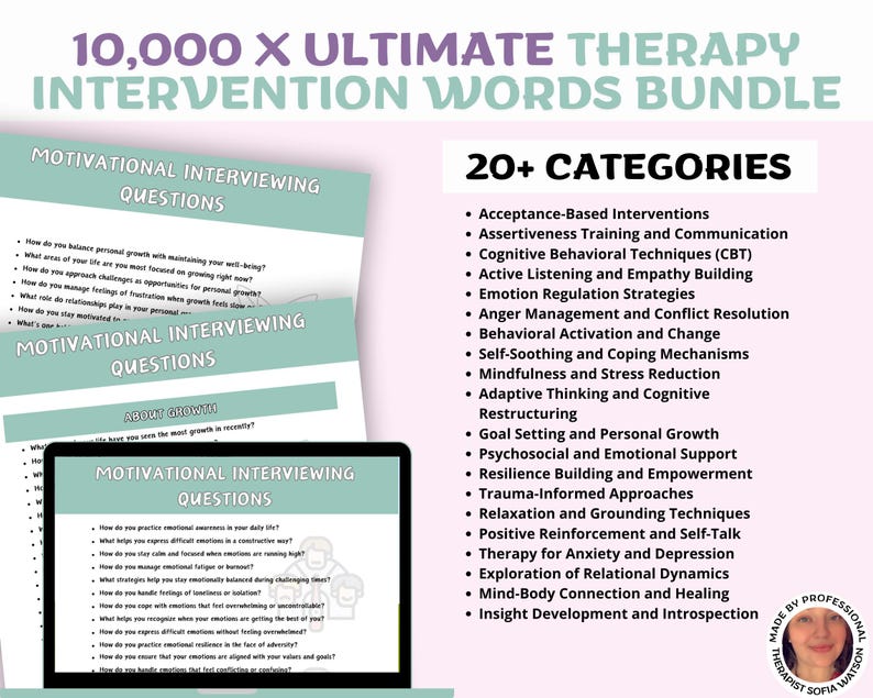 Puede incluir: Un paquete de recursos de terapia con el t&iacute;tulo "10,000 X ULTIMATE THERAPY INTERVENTION WORDS BUNDLE". La imagen incluye una computadora port&aacute;til y documentos con preguntas de entrevista motivacional.