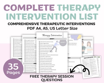 Therapy Intervention List - Therapeutic Intervention Words - Documentation Terms Reference Sheet - Clinical Therapist Notes - Documentation