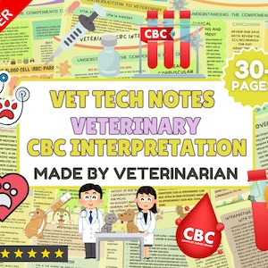 May include: A colorful digital download for veterinary technicians featuring a cartoon vet and a dog. The text reads "Vet Tech Notes Veterinary CBC Interpretation Made By Veterinarian". The download includes over 30 pages of information about complete blood count (CBC) interpretation.