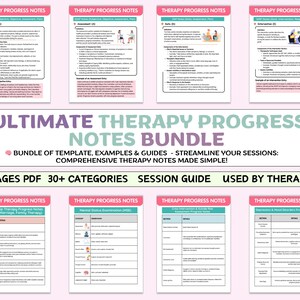 May include: A pink and white digital download for therapy progress notes. The text "Ultimate Therapy Progress Notes Bundle" is in a large, bold font. The text "Bundle of Template, Examples & Guides - Streamline Your Sessions: Comprehensive Therapy Notes Made Simple!" is in a smaller font. The text "40+ Pages PDF 30+ Categories Session Guide Used By Therapist" is in a smaller font. The image shows a variety of therapy progress notes templates.