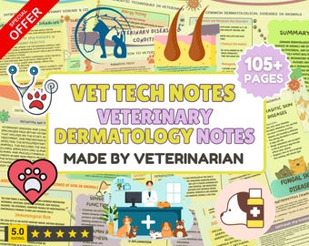 Pode incluir: Um cartaz educativo colorido intitulado "Vet Tech Notes Veterinary Dermatology Notes Made by Veterinarian". O cartaz inclui ilustrações de animais, diagramas médicos e o texto "105+ Páginas". Uma faixa de oferta especial está no canto superior esquerdo.
