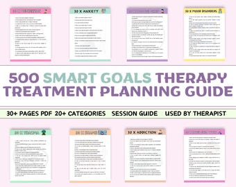 May include: A pink, green, purple, and yellow digital download guide for therapy treatment planning. The guide includes 500 smart goals, 30+ pages, 20+ categories, and a session guide. It is used by therapists.