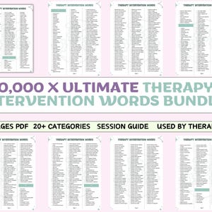 Op de afbeelding: De afbeelding toont een verzameling therapie-interventiewoordenlijsten. De hoofdtekst luidt "10.000 X ULTIMATE THERAPY INTERVENTION WORDS BUNDLE". Extra tekst bevat "50+ PAGES PDF 20+ CATEGORIES SESSION GUIDE USED BY THERAPIST".