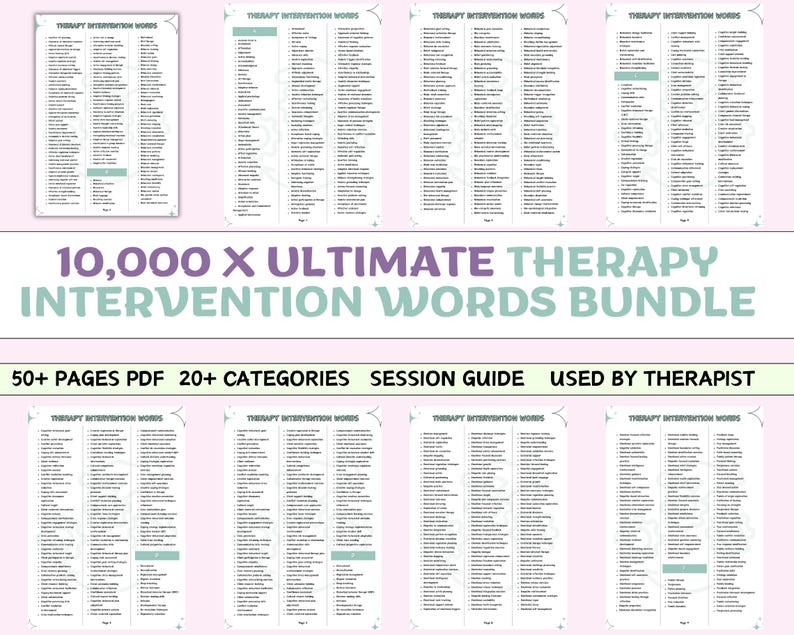 Puede incluir: La imagen muestra un conjunto de listas de palabras de intervenci&oacute;n terap&eacute;utica. El texto principal dice "10,000 X ULTIMATE THERAPY INTERVENTION WORDS BUNDLE". El texto adicional incluye "50+ PAGES PDF 20+ CATEGORIES SESSION GUIDE USED BY THERAPIST".