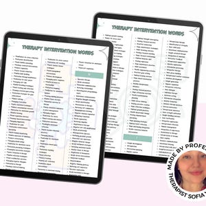 Puede incluir: Dos tabletas digitales que muestran una lista de "Palabras de intervenci&oacute;n terap&eacute;utica" en una fuente verde claro. Las tabletas son negras con un borde blanco. La imagen incluye una foto de una mujer con el texto "Made by Professional Therapist Sofia Watson".