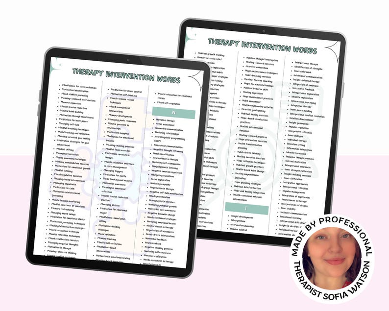 Puede incluir: Dos tabletas digitales que muestran una lista de "Palabras de intervenci&oacute;n terap&eacute;utica" en una fuente verde claro. Las tabletas son negras con un borde blanco. La imagen incluye una foto de una mujer con el texto "Made by Professional Therapist Sofia Watson".