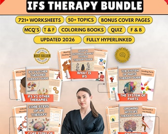 Puede incluir: Un paquete de terapia digital titulado "IFS THERAPY BUNDLE" con más de 721 hojas de trabajo, más de 50 temas y páginas de portada adicionales. La imagen muestra a una mujer y varias guías con títulos como "What is IFS" y "Core Steps of IFS Therapy".