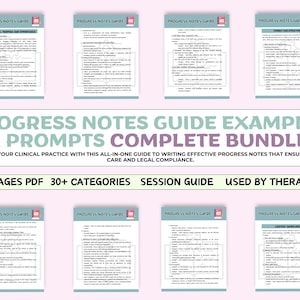 May include: A pink and white digital download product with the text "Progress Notes Guide Examples & Prompts Complete Bundle". The text "Enhance your clinical practice with this all-in-one guide to writing effective progress notes that ensure quality care and legal compliance." is also included. The text "70+ Pages PDF 30+ Categories Session Guide Used by Therapist" is at the bottom of the image.