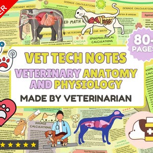 Peut inclure: Un téléchargement numérique coloré pour les techniciens vétérinaires avec des illustrations d'animaux, des schémas anatomiques et du texte qui dit "Vet Tech Notes Veterinary Anatomy and Physiology Made by Veterinarian". Le téléchargement comprend plus de 80 pages d'informations.
