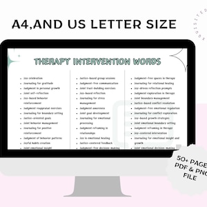 Puede incluir: Un monitor de computadora muestra un documento titulado "THERAPY INTERVENTION WORDS", que enumera conceptos terap&eacute;uticos. El texto "A4, AND US LETTER SIZE" est&aacute; en la parte superior, y "50+ PAGES PDF & PNG FILE" est&aacute; en la parte inferior. El documento es para tama&ntilde;os A4 y US Letter.