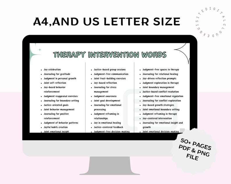 Puede incluir: Un monitor de computadora muestra un documento titulado "THERAPY INTERVENTION WORDS", que enumera conceptos terap&eacute;uticos. El texto "A4, AND US LETTER SIZE" est&aacute; en la parte superior, y "50+ PAGES PDF & PNG FILE" est&aacute; en la parte inferior. El documento es para tama&ntilde;os A4 y US Letter.