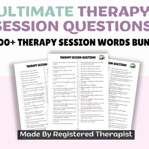 Peut inclure: Un ensemble imprimable de questions de s&eacute;ance de th&eacute;rapie pour les th&eacute;rapeutes. Le titre est "Ultimate Therapy Session Questions" et "1000+ Therapy Session Words Bundle". Le texte est en noir et blanc sur fond blanc.