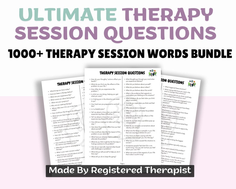 Peut inclure: Un ensemble imprimable de questions de s&eacute;ance de th&eacute;rapie pour les th&eacute;rapeutes. Le titre est "Ultimate Therapy Session Questions" et "1000+ Therapy Session Words Bundle". Le texte est en noir et blanc sur fond blanc.