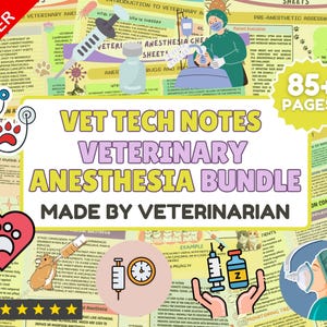 Könnte beinhalten: Ein farbenfrohes Poster mit dem Text "Vet Tech Notes Veterinary Anesthesia Bundle Made By Veterinarian" und Bildern einer Katze, eines Hundes, einer Spritze, eines Stethoskops und einer Person mit einer Gesichtsmaske. Das Poster enthält auch den Text "85+ Seiten".