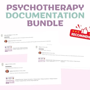 Peut inclure: Une capture d'&eacute;cran d'un site Web affichant des avis clients pour un produit appel&eacute; "Therapy Documentation Bundle". Les avis sont positifs et comprennent cinq &eacute;toiles. Le produit est recommand&eacute;.