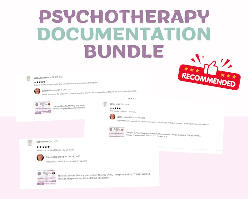 Peut inclure: Une capture d'&eacute;cran d'un site Web affichant des avis clients pour un produit appel&eacute; "Therapy Documentation Bundle". Les avis sont positifs et comprennent cinq &eacute;toiles. Le produit est recommand&eacute;.