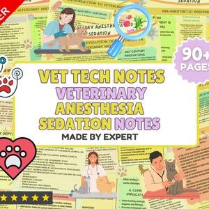 Può includere: Un poster educativo colorato intitolato "Vet Tech Notes Veterinary Anesthesia Sedation Notes Made by Expert". Il poster include illustrazioni di procedure veterinarie, diagrammi e testo. Presenta un'offerta speciale e una valutazione di 5.0.