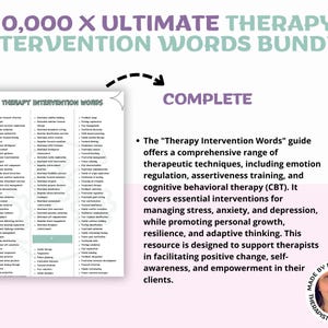 Puede incluir: Un paquete titulado "10,000 X Ultimate Therapy Intervention Words". La imagen incluye una lista de palabras de intervenci&oacute;n terap&eacute;utica y una descripci&oacute;n de la gu&iacute;a. La gu&iacute;a ofrece t&eacute;cnicas terap&eacute;uticas para controlar el estr&eacute;s, la ansiedad y la depresi&oacute;n.