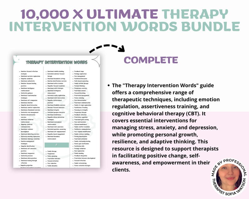 Puede incluir: Un paquete titulado "10,000 X Ultimate Therapy Intervention Words". La imagen incluye una lista de palabras de intervenci&oacute;n terap&eacute;utica y una descripci&oacute;n de la gu&iacute;a. La gu&iacute;a ofrece t&eacute;cnicas terap&eacute;uticas para controlar el estr&eacute;s, la ansiedad y la depresi&oacute;n.