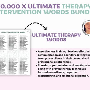 Puede incluir: Imagen de un paquete de palabras de intervenci&oacute;n terap&eacute;utica, con el texto "10,000 X ULTIMATE THERAPY INTERVENTION WORDS BUNDLE". La imagen incluye una lista de palabras de terapia y una descripci&oacute;n del entrenamiento en asertividad.
