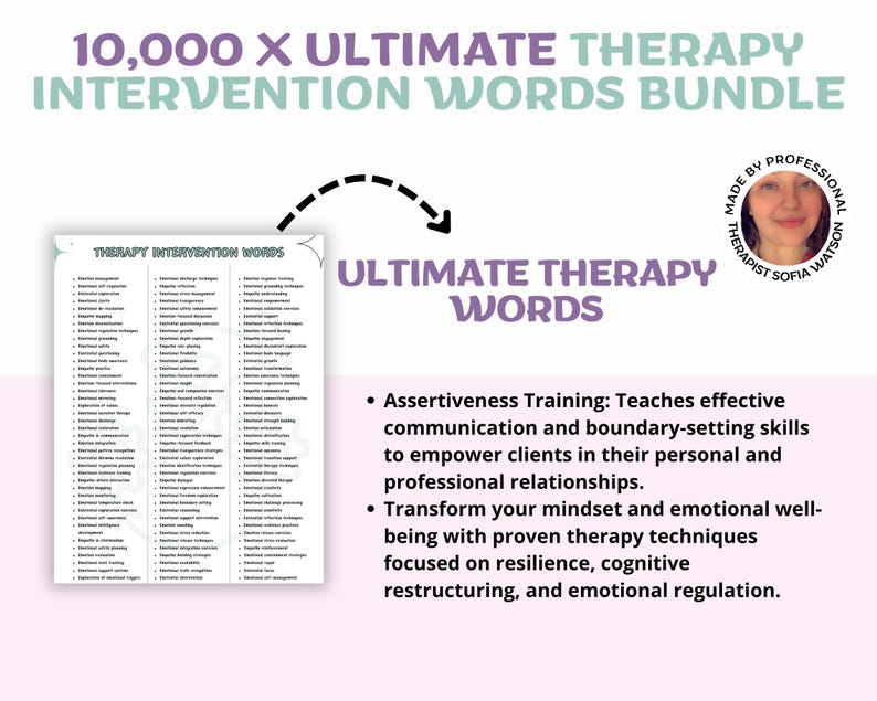 Puede incluir: Imagen de un paquete de palabras de intervenci&oacute;n terap&eacute;utica, con el texto "10,000 X ULTIMATE THERAPY INTERVENTION WORDS BUNDLE". La imagen incluye una lista de palabras de terapia y una descripci&oacute;n del entrenamiento en asertividad.