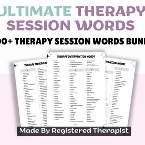 Peut inclure: Un ensemble de trois feuilles de travail imprimables en noir et blanc avec le titre "Ultimate Therapy Session Words" et "500+ Therapy Session Words Bundle". Les feuilles de travail contiennent une liste de mots d'intervention th&eacute;rapeutique organis&eacute;s par ordre alphab&eacute;tique.
