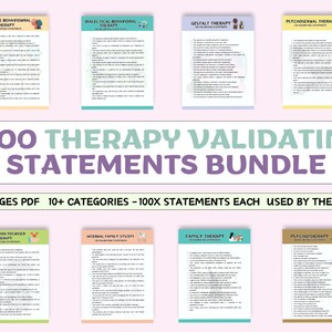 May include: A collage of eight colorful pages with the text "1000 THERAPY VALIDATING STATEMENTS BUNDLE" in purple text. The pages are divided into eight sections, each with a different type of therapy, including Cognitive Behavioral Therapy, Dialectical Behavioral Therapy, Gestalt Therapy, Psychosexual Therapy, Compassion Focused Therapy, Internal Family System, Family Therapy, and Psychotherapy. Each section has a list of validating statements that can be used by therapists.