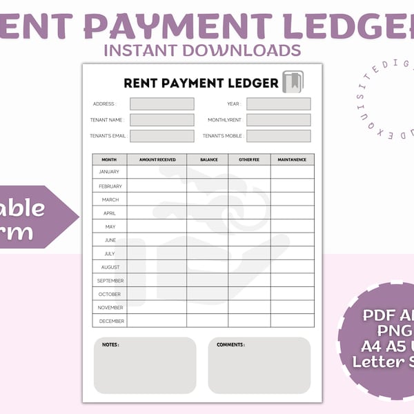 Rent Payment Ledger - Rent Payment Tracker - Rent Payments Record - Property Rental Template - Rent Payment Log - Rental Payments Log -