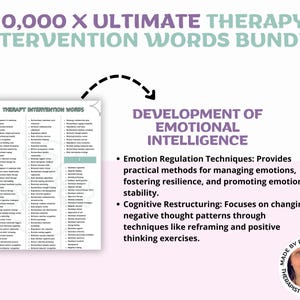 Puede incluir: Imagen que promociona un "Paquete de 10.000 palabras de intervenci&oacute;n terap&eacute;utica definitiva". Presenta una lista de palabras de intervenci&oacute;n terap&eacute;utica e informaci&oacute;n sobre el desarrollo de la inteligencia emocional, incluida la regulaci&oacute;n emocional.