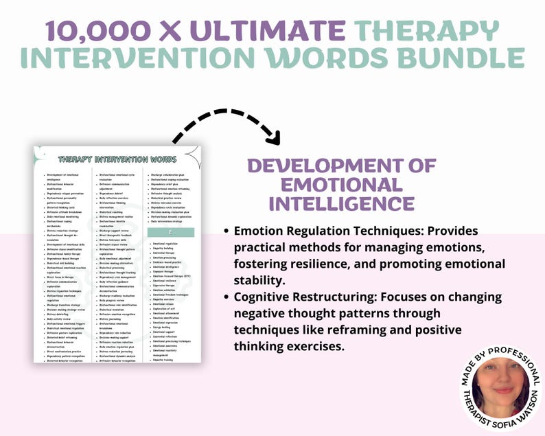 Puede incluir: Imagen que promociona un "Paquete de 10.000 palabras de intervenci&oacute;n terap&eacute;utica definitiva". Presenta una lista de palabras de intervenci&oacute;n terap&eacute;utica e informaci&oacute;n sobre el desarrollo de la inteligencia emocional, incluida la regulaci&oacute;n emocional.
