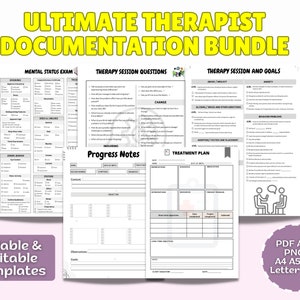 Peut inclure: Un ensemble de mod&egrave;les de documentation de th&eacute;rapeute imprimables en noir et blanc. Les mod&egrave;les comprennent un examen de l'&eacute;tat mental, des questions de s&eacute;ance de th&eacute;rapie, des s&eacute;ances de th&eacute;rapie et des objectifs, des notes de progression et un plan de traitement. Les mod&egrave;les sont &eacute;tiquet&eacute;s "Ultimate Therapist Documentation Bundle" et sont d&eacute;crits comme "remplissables et modifiables".