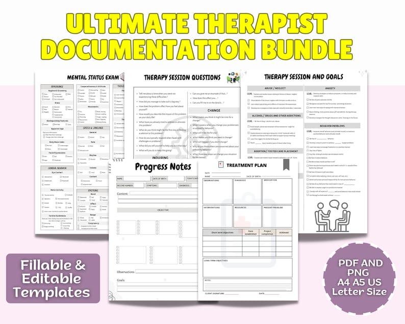 Peut inclure: Un ensemble de mod&egrave;les de documentation de th&eacute;rapeute imprimables en noir et blanc. Les mod&egrave;les comprennent un examen de l'&eacute;tat mental, des questions de s&eacute;ance de th&eacute;rapie, des s&eacute;ances de th&eacute;rapie et des objectifs, des notes de progression et un plan de traitement. Les mod&egrave;les sont &eacute;tiquet&eacute;s "Ultimate Therapist Documentation Bundle" et sont d&eacute;crits comme "remplissables et modifiables".