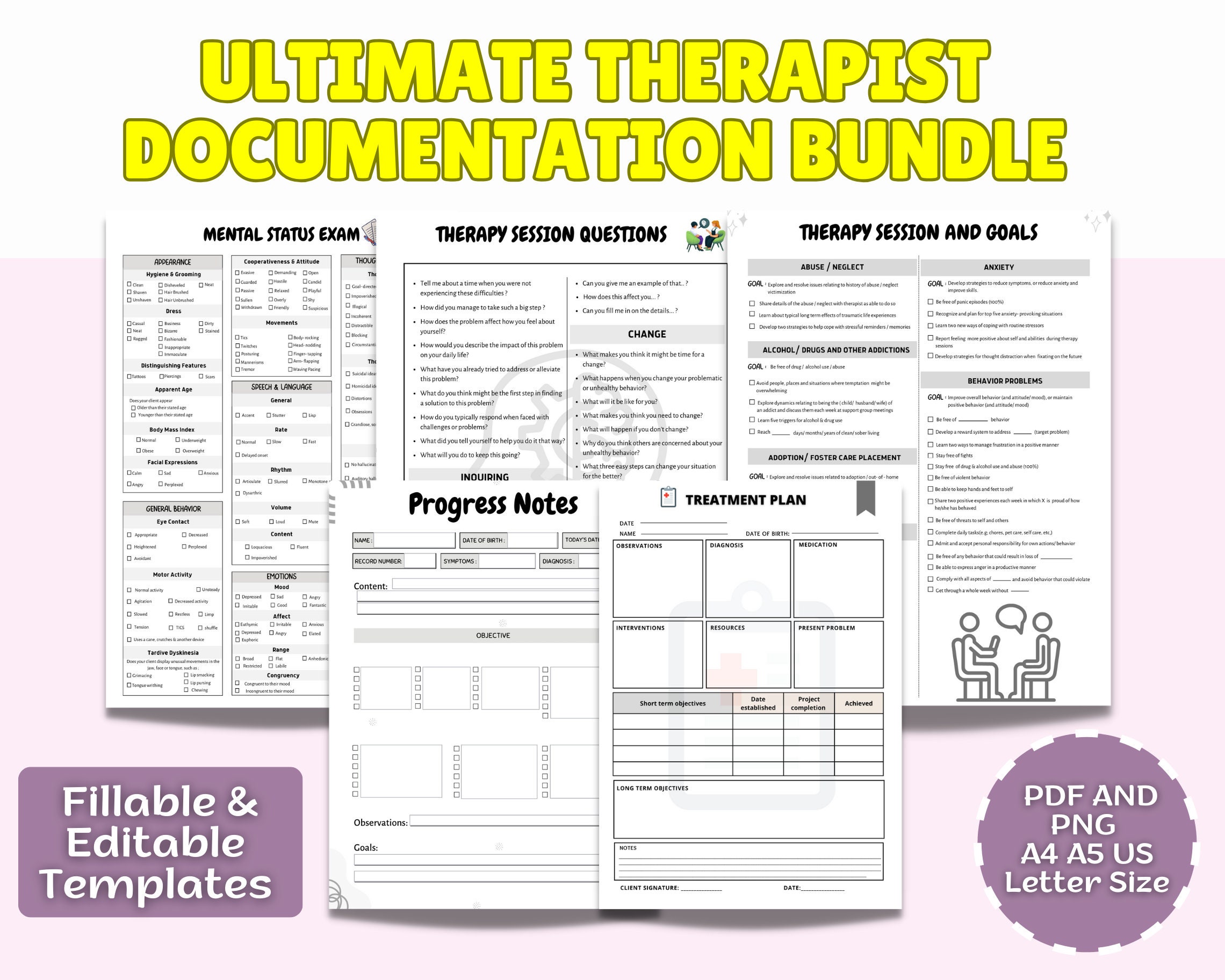 Therapist Documentation Bundle: Therapy Questions, Progress Notes (PDF ...
