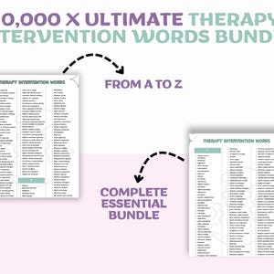 Puede incluir: Un paquete de palabras de intervenci&oacute;n terap&eacute;utica, con el texto "10,000 X ULTIMATE THERAPY INTERVENTION WORDS BUNDLE" en la parte superior. Dos listas de palabras est&aacute;n conectadas por l&iacute;neas discontinuas, con el texto "FROM A TO Z" y "COMPLETE ESSENTIAL BUNDLE".