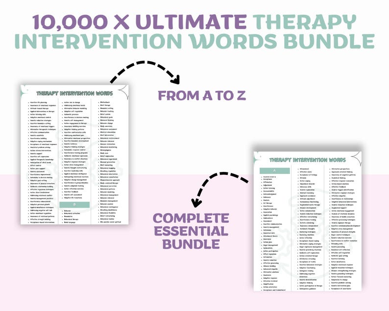Puede incluir: Un paquete de palabras de intervenci&oacute;n terap&eacute;utica, con el texto "10,000 X ULTIMATE THERAPY INTERVENTION WORDS BUNDLE" en la parte superior. Dos listas de palabras est&aacute;n conectadas por l&iacute;neas discontinuas, con el texto "FROM A TO Z" y "COMPLETE ESSENTIAL BUNDLE".