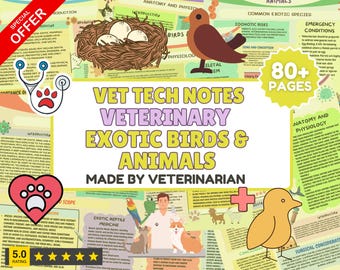 May include: A colorful digital download for veterinary technicians featuring notes on exotic birds and animals. The title "Vet Tech Notes Veterinary Exotic Birds & Animals Made By Veterinarian" is displayed in a pink, purple, and yellow font. The image includes illustrations of birds, reptiles, and other animals. The text "80+ Pages" is displayed in a white circle with a blue border.