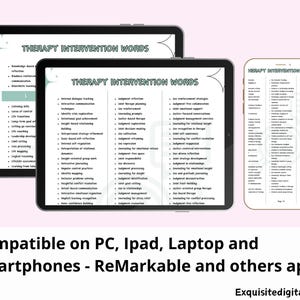 Puede incluir: Tres dispositivos digitales muestran el texto "THERAPY INTERVENTION WORDS". Los dispositivos incluyen dos tabletas y un tel&eacute;fono inteligente. La parte inferior de la imagen dice "Compatible en PC, Ipad, Laptop y Smartphones - ReMarkable y otras aplicaciones."