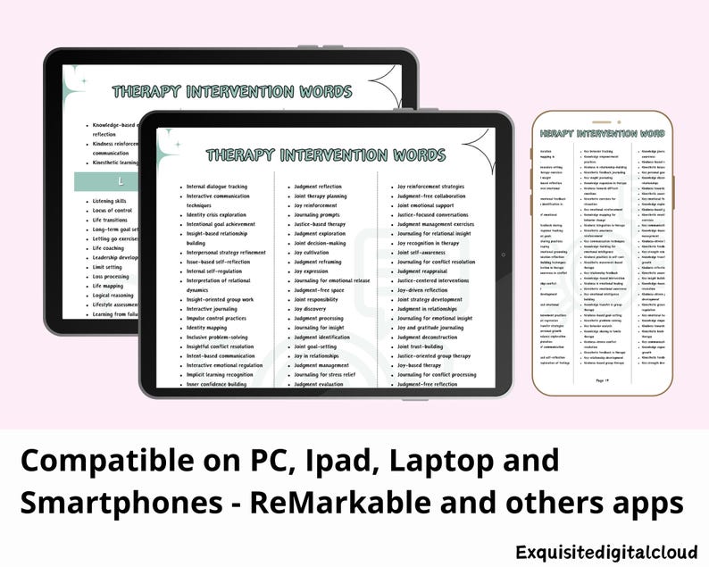 Puede incluir: Tres dispositivos digitales muestran el texto "THERAPY INTERVENTION WORDS". Los dispositivos incluyen dos tabletas y un tel&eacute;fono inteligente. La parte inferior de la imagen dice "Compatible en PC, Ipad, Laptop y Smartphones - ReMarkable y otras aplicaciones."
