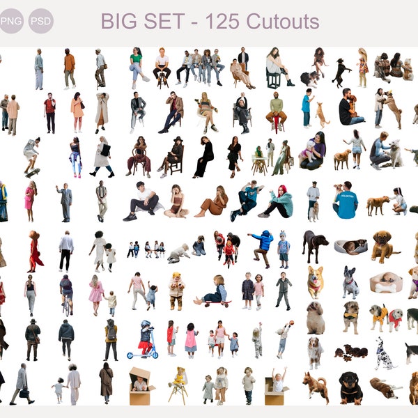 125 BIG SET - Cutout Photoshop People - Png - Psd- male, female, kids, dogs, sitting, standing, going, playing, working, old, young, family