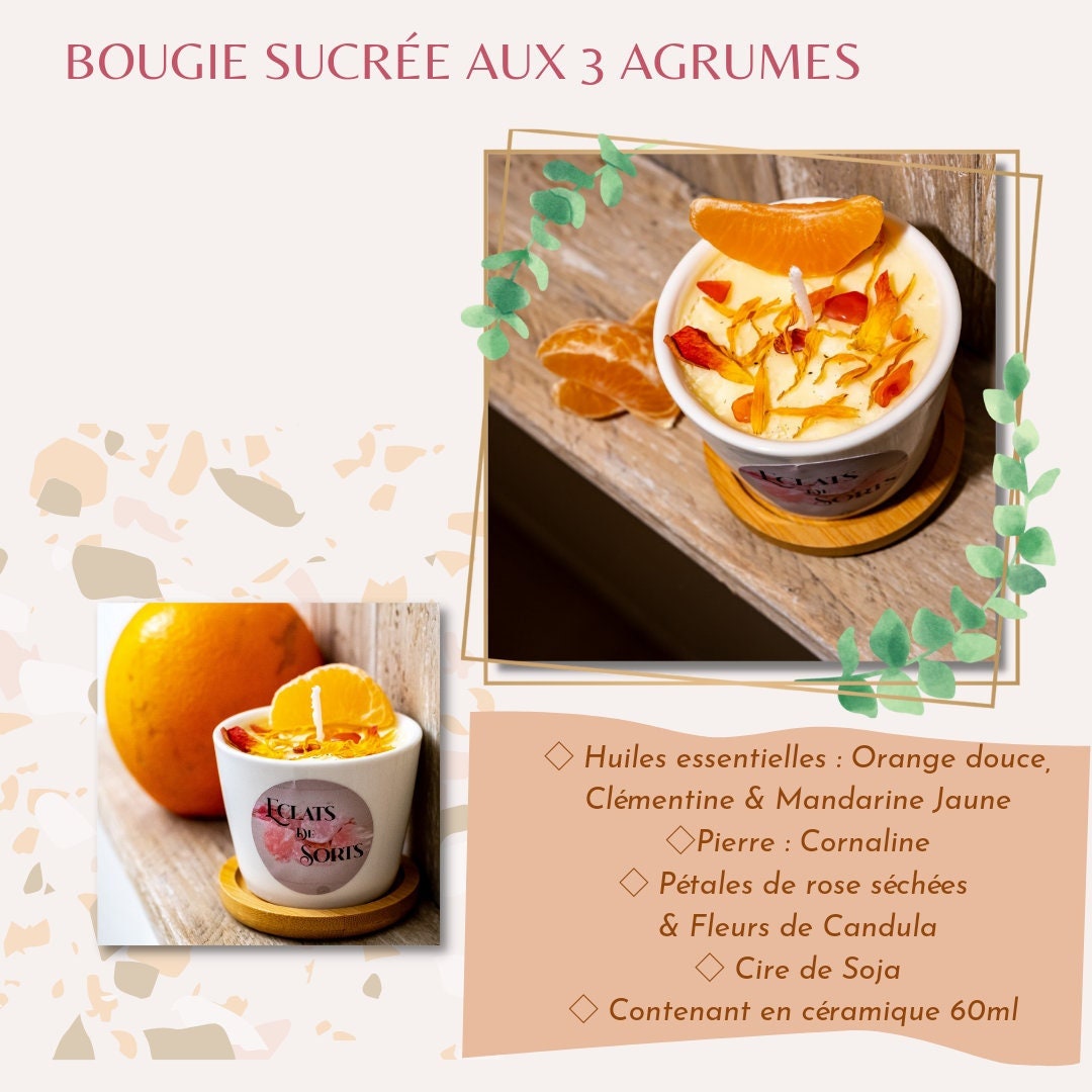 Bougie Sucrée Aux 3 Agrumes - Parfumée Huiles Essentielles-Clémentine-Orange-Mandarine-Fleur Séchée