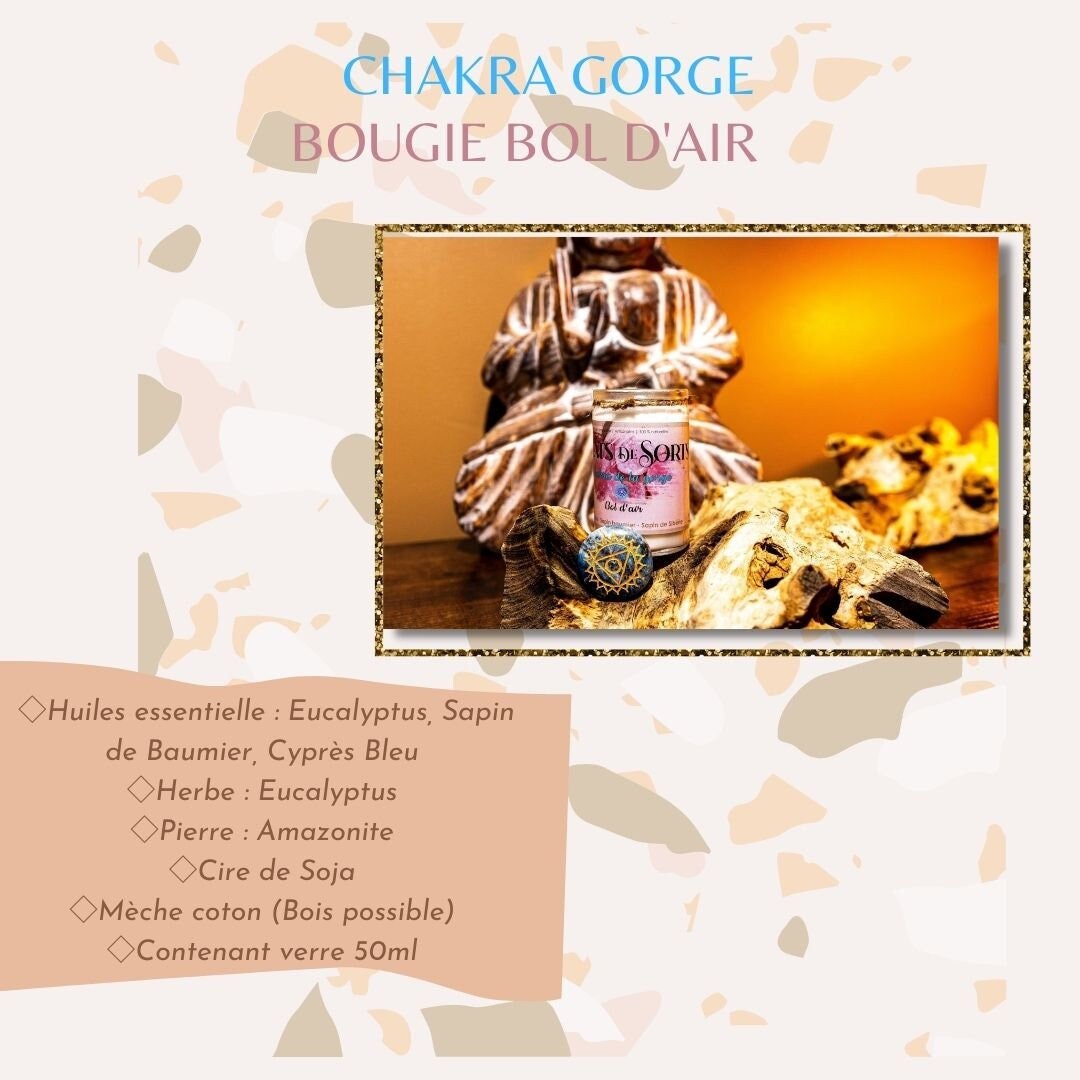 Bougie Bol d'air Chakra Gorge - Huile Essentielle - Parfumée-Naturelle - Amazonite - Eucalyptus