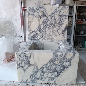Calacatta Viola Marble Sink: Hand-Carved Bathroom Vessel Sink (20.8x19x12 inches)