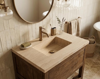 手作りのベージュのトラバーチン製洗面化粧台トップ - 25インチ x 22インチ 一体型石製シンク - モダンでミニマルな天然石製洗面器 - カスタムサイズ