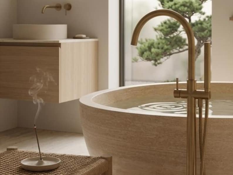May include: A tranquil bathroom with a stone-effect bathtub and gold-coloured taps. A wooden vanity unit with a circular sink is visible. Incense burns, creating a relaxing atmosphere. The scene evokes a spa-like feel.